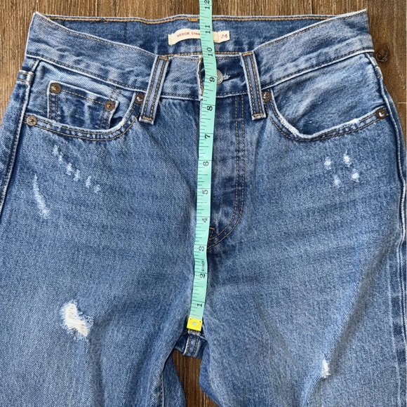 LEVI'S Premium Wedgie Straight Leg High Rise Blue Jeans Ankle distressed - Picture 6 of 13